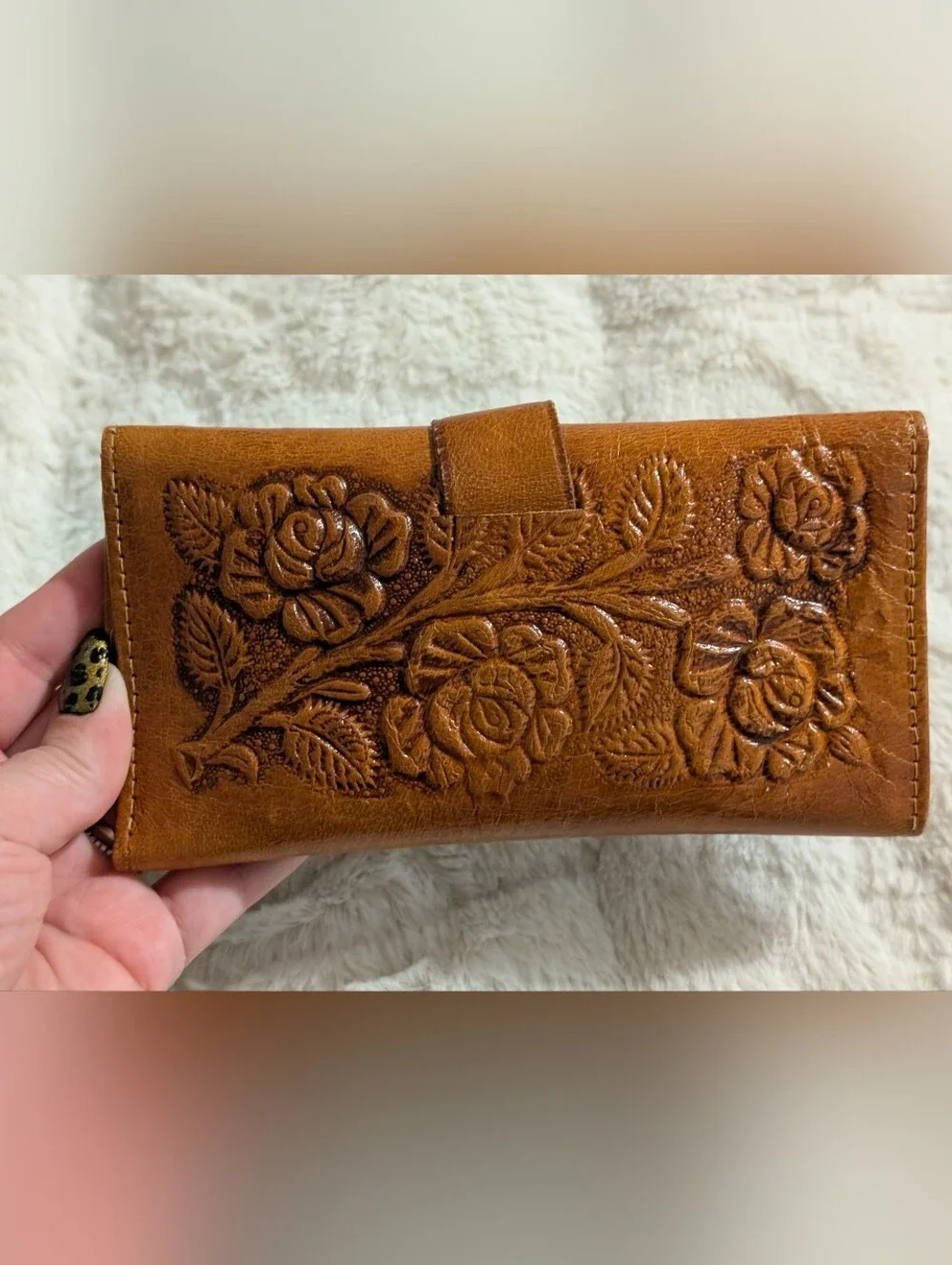 Embossed Floral Genuine Leather Wallet - Brown